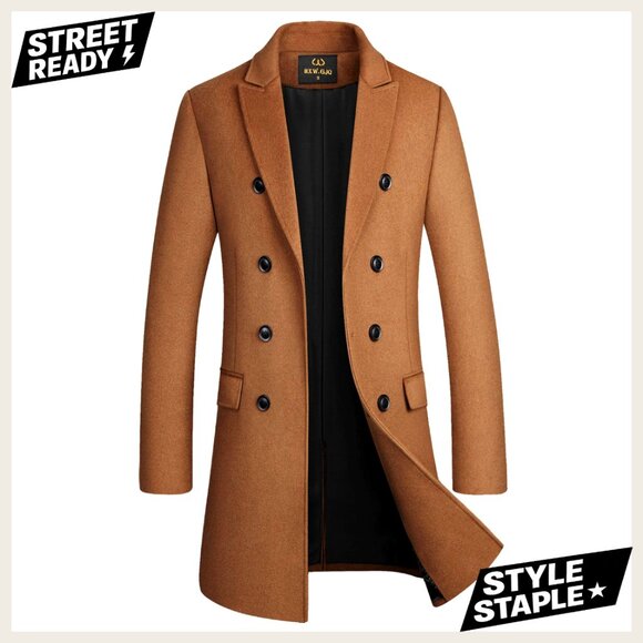 Men's Slim Fit Wool Blend Pea Coat Double Breasted Long Overcoat